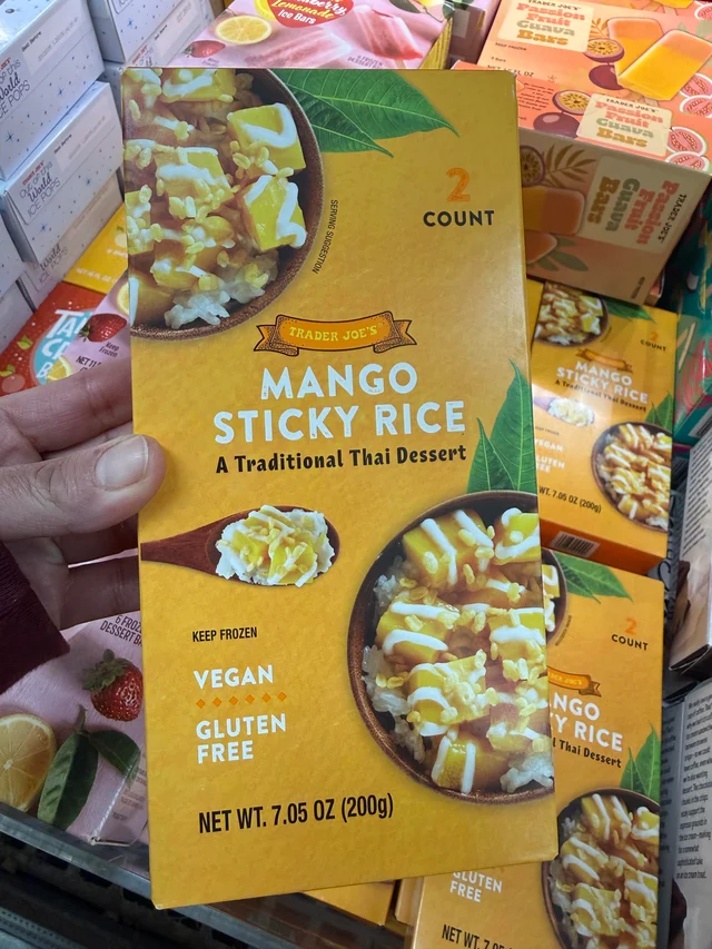 Trader Joe's Mango Sticky Rice box in a store freezer display
