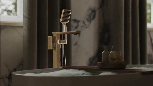 Photorealistic CGI of a 3D product visualization — bathroom fittings rendered for ecommerce