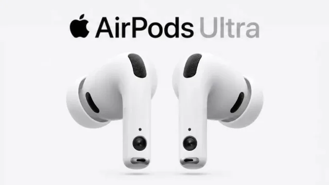 AirPods Ultra concept render showing camera-equipped earbuds