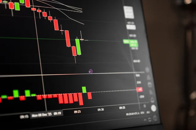 Candlestick chart on a trading screen showing sharp price moves in red and green
