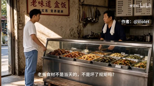 盒饭店档口，一位穿白 T 的顾客站在玻璃柜台前，柜台里摆着几盘菜，老板在后面打菜，画面右上角标着「作者：@Violet」