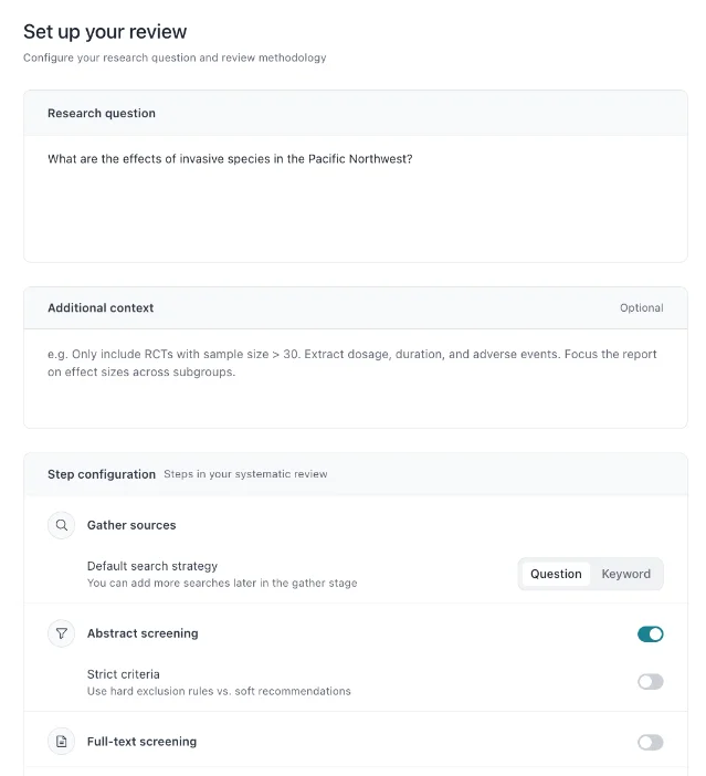 Elicit 的 Protocol Page,展示研究问题、附加条件、搜索方式与可开关的筛选阶段