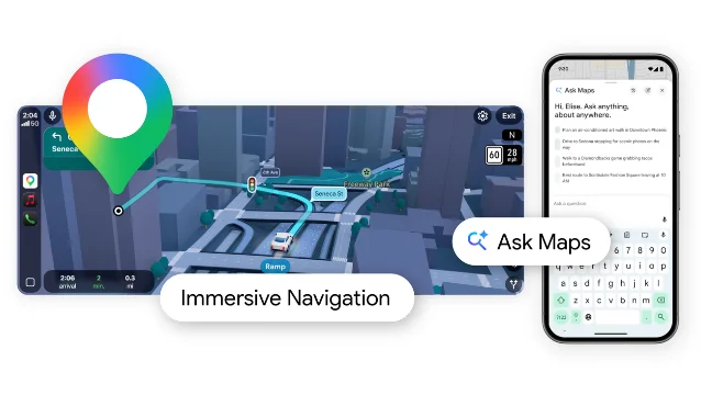 Google Maps 官方展示的 Immersive Navigation:路线、道路结构和转向提示被放进同一视野