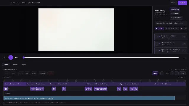 OpenMotion editor showing a scene canvas, audio library, export controls, and timeline