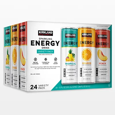 A boxed variety pack of Kirkland Signature Sparkling Energy Drink with three cans shown beside it.