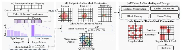 Token Radius Attention 将注意力熵转换为 token 预算，再转换为跨帧半径和可执行的稀疏 mask