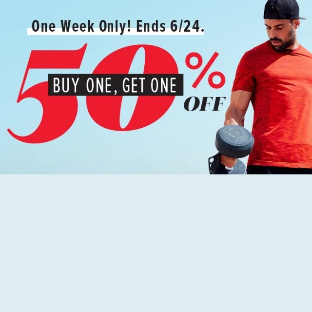 GNC BOGO 50% Active Nutrition promotion — man curling dumbbell, white text on light blue, "One Week Only! Ends 6/24"