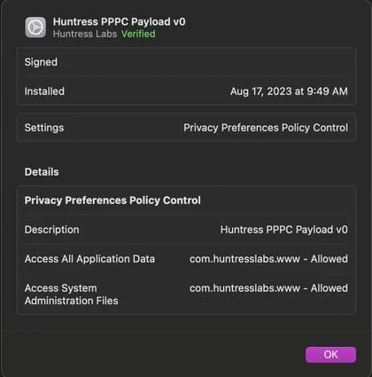 A System Settings Profiles pane showing an installed management payload named PPPC Payload, with rows reading "Access All Application Data, com.huntresslabs.www – Allowed" and "Access System Administration Files, com.huntresslabs.www – Allowed"