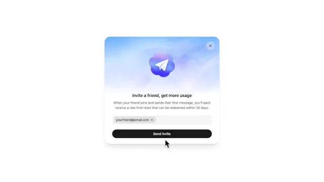 Codex 邀请好友 UI 界面截图:「Invite a friend, get more usage」,显示邮箱输入框与 Send invite 按钮