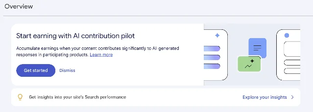Search Console 总览页上的 AI contribution pilot 入口横幅