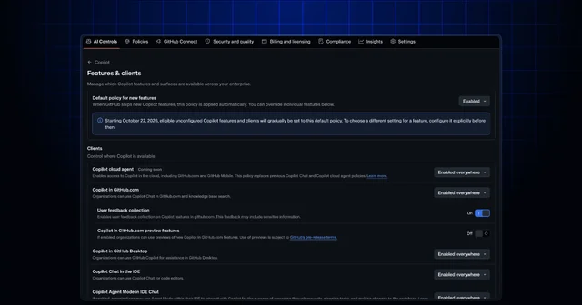 The GitHub Copilot Features and clients settings page under AI Controls, with Default policy for new features set to Enabled and a banner reading that from October 22, 2026 eligible unconfigured Copilot features and clients will gradually be set to this default policy