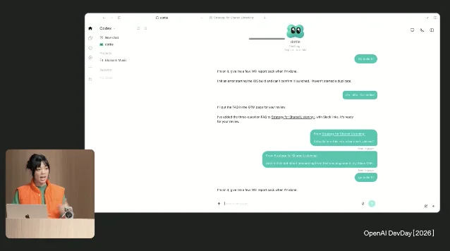 一个名为 dottie 的 dot 在 Codex 窗口里汇报进度