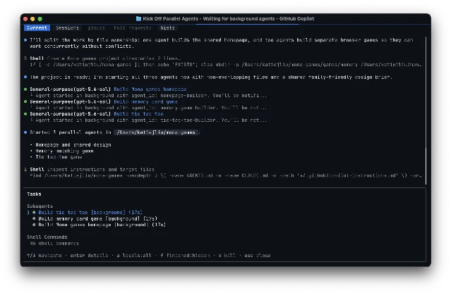 GitHub Copilot CLI showing three background agents and a Tasks panel