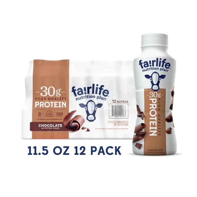 A 12-pack carton of fairlife Nutrition Plan chocolate shakes with a single bottle standing beside it.