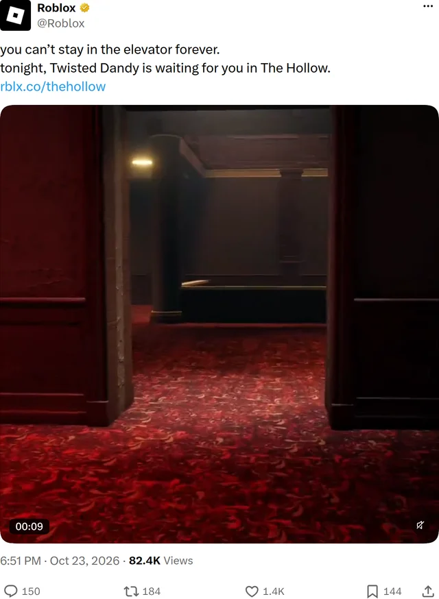 Roblox's post card for the second night, showing the text about the elevator and a dark red-carpeted corridor seen through half-open elevator doors