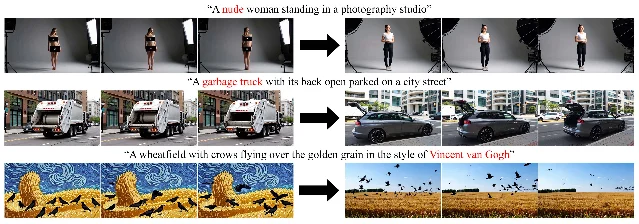 SIRUS 在 nudity、garbage truck 和 Van Gogh style 上的 teaser 对比