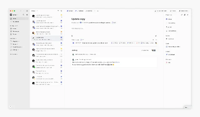 Linear's light-mode issue detail view showing the three-panel layout and right-side metadata hierarchy (Properties, Sub-issues, Activity)