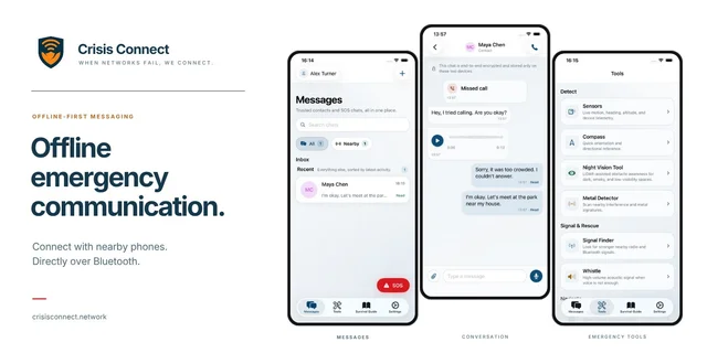 a promotional graphic showing three phone screens from an emergency messaging app, including a message thread and a tools menu