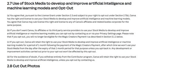 Clause 2.7 of Canva's Contributor Agreement, covering AI training, the opt-out and the Magic Creators Payment