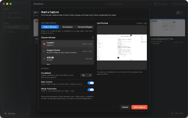 StepShot's capture dialog shows active-window, full-screen, and selected-region capture with action marking and merged keystrokes