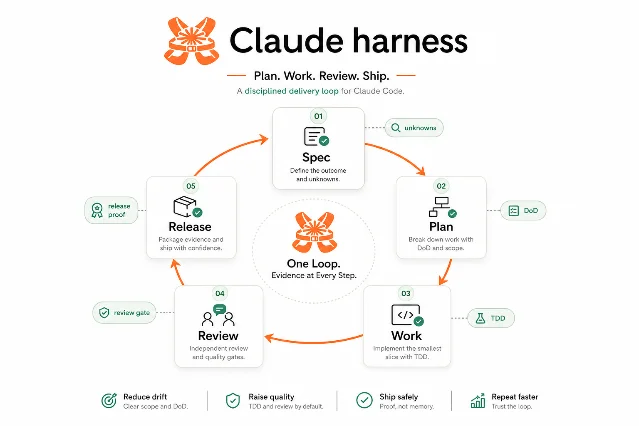 Claude Code Harness operating loop — Plan, Work, Review, Ship cycle diagram