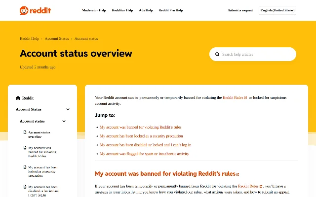 Reddit Help 帮助中心展示的账号状态总览页面