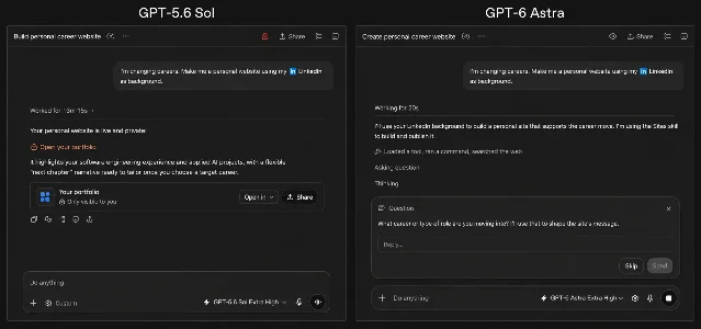 OpenAI 官方界面对比：GPT-5.6 Sol 与 GPT-6 Astra 在网页构建任务中的交互过程