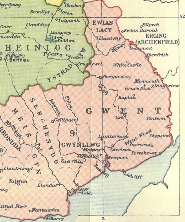 A colored historical map of medieval south-east Wales, with Gwent marked in the east and neighboring regions around it