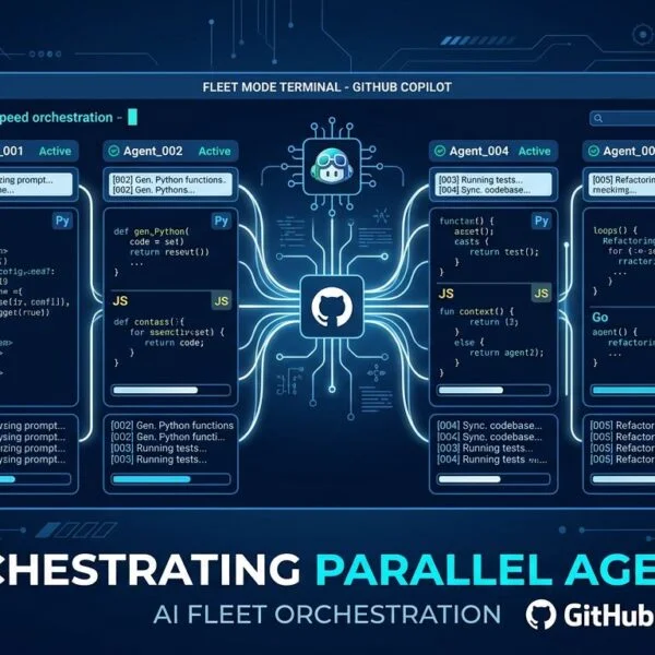 GitHub Copilot Fleet Mode 多并行 Agent 终端示意,展示同时执行不同开发任务