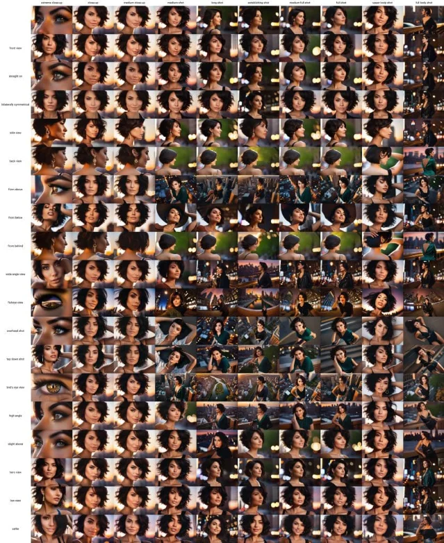 SDXL camera framing and angle grid — comparing bird's eye view, top down shot, and high angle terms across different seeds
