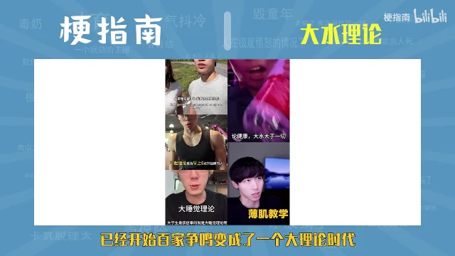 竖屏短视频拼成的九宫格,一格写着「大睡觉理论」,一格写着「薄肌教学」,还有「早起理论是指早上6点钟起床的人」「论健康,大水大于一切」