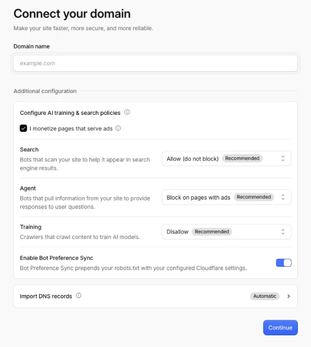 The Cloudflare onboarding screen for a new domain that monetizes with ads, showing Search set to allow, Agent set to block on ad pages, and Training set to disallow