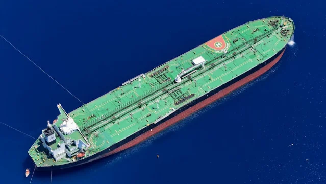 Aerial view of oil tanker sailing on ocean