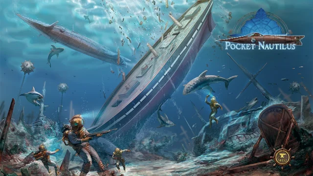 Pocket Nautilus campaign art of divers and a sinking ship beneath the waves.