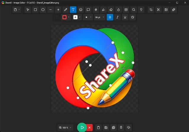 ShareX 图片编辑器显示标注工具栏、画布和底部继续操作按钮