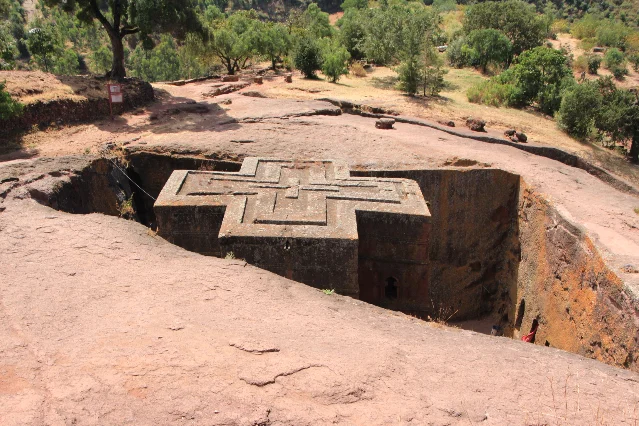 Aerial view of the Church of Saint George, a rock-hewn church in Lalibela, Ethiopia