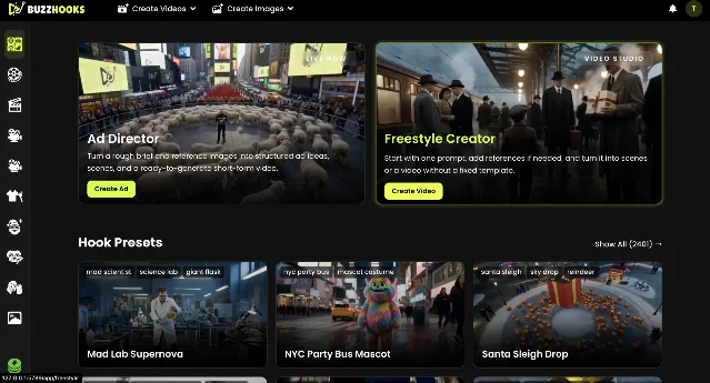 BuzzHooks' dashboard showing two creation studios above a library of hook presets