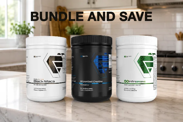 Nootropics Depot Summer Sale — three supplement containers on a marble kitchen counter with "BUNDLE AND SAVE" header, showing Peruvian Black Maca, Micronized Creatine, and InfiniGreens