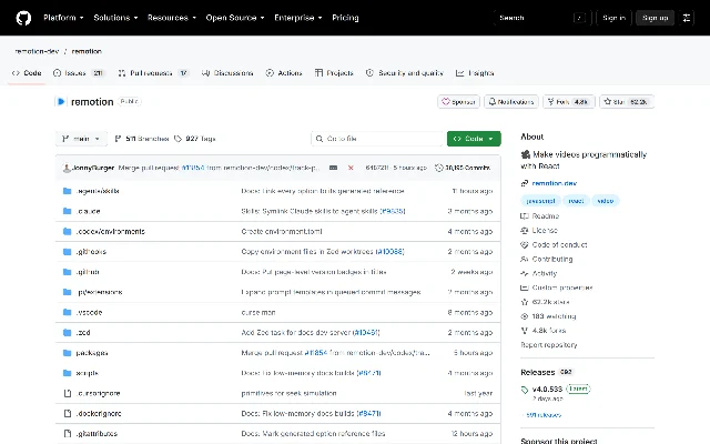 GitHub 上 remotion-dev/remotion 的仓库首页