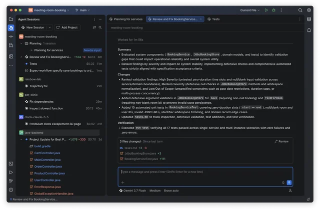 A JetBrains IDE with the Agent Sessions pane listing sessions from four projects with their elapsed time and dollar cost, beside a chat reporting 17 passing tests and three changed files