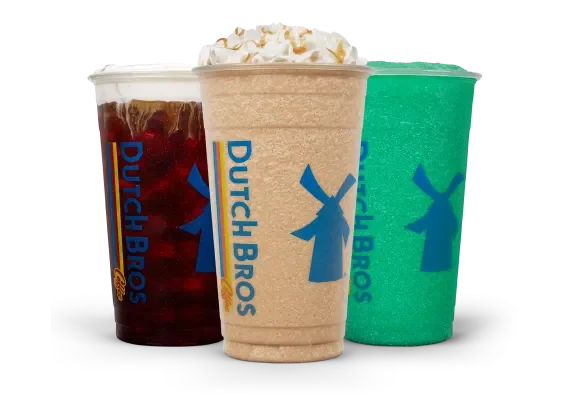 Three Dutch Bros branded drinks in signature cups