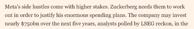 An English text excerpt about the stakes of Meta’s side projects and its possible five-year investment