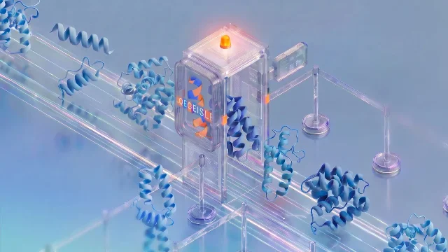 SynthID Bio 官方发布稿主视觉：蓝色的蛋白质结构穿过一道玻璃检查闸机