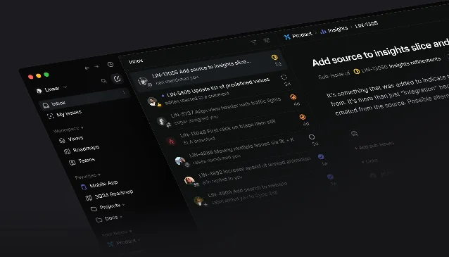 Linear's redesigned dark-mode interface showing the sidebar, inbox, and issue detail panel