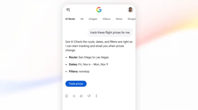 Google AI Mode航班价格追踪界面截图,包含航线、日期、价格和Track prices按钮