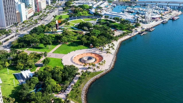 Aerial view of Bayfront Park and Biscayne Bay