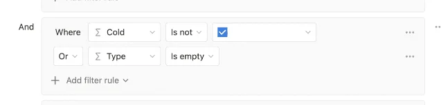 Notion database view filter editor showing an "or" condition that pairs a formula checkbox filter with an is_empty check, preventing new rows from disappearing on creation.