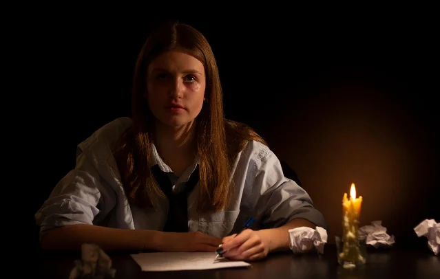 A young woman studying by candlelight late at night
