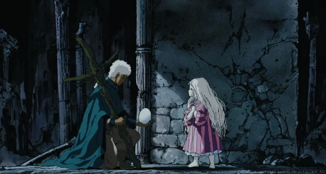 GKIDS 4K 修复版剧照:昏暗石廊中,背枪的少年单膝跪地,把白色的蛋递还给抱着它的少女