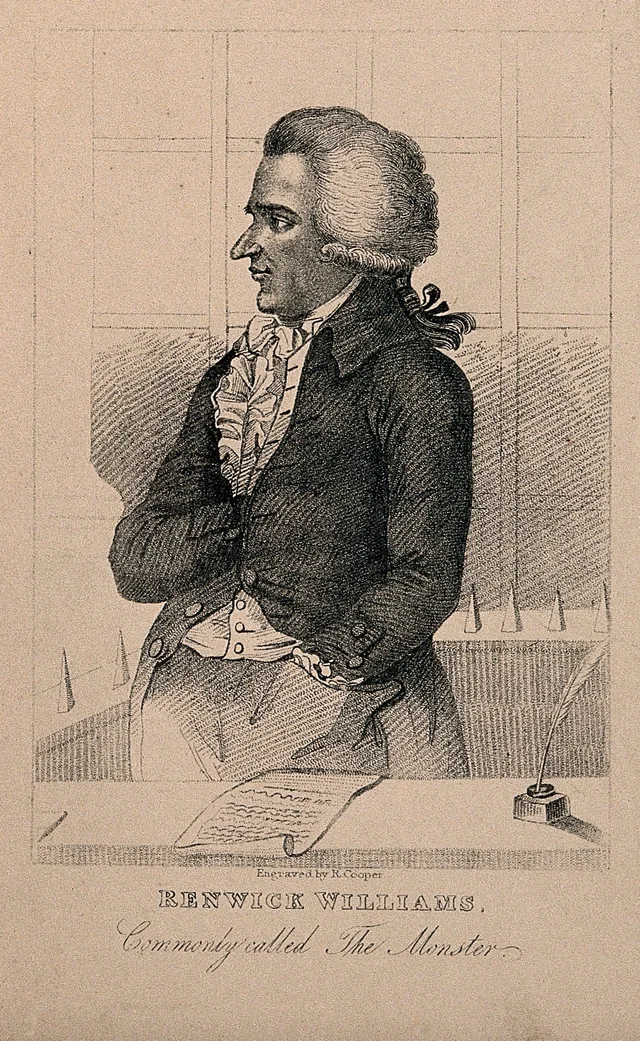 An engraving in profile of a man in a dark coat with a frilled shirt front, seated at a desk with a quill and a written page